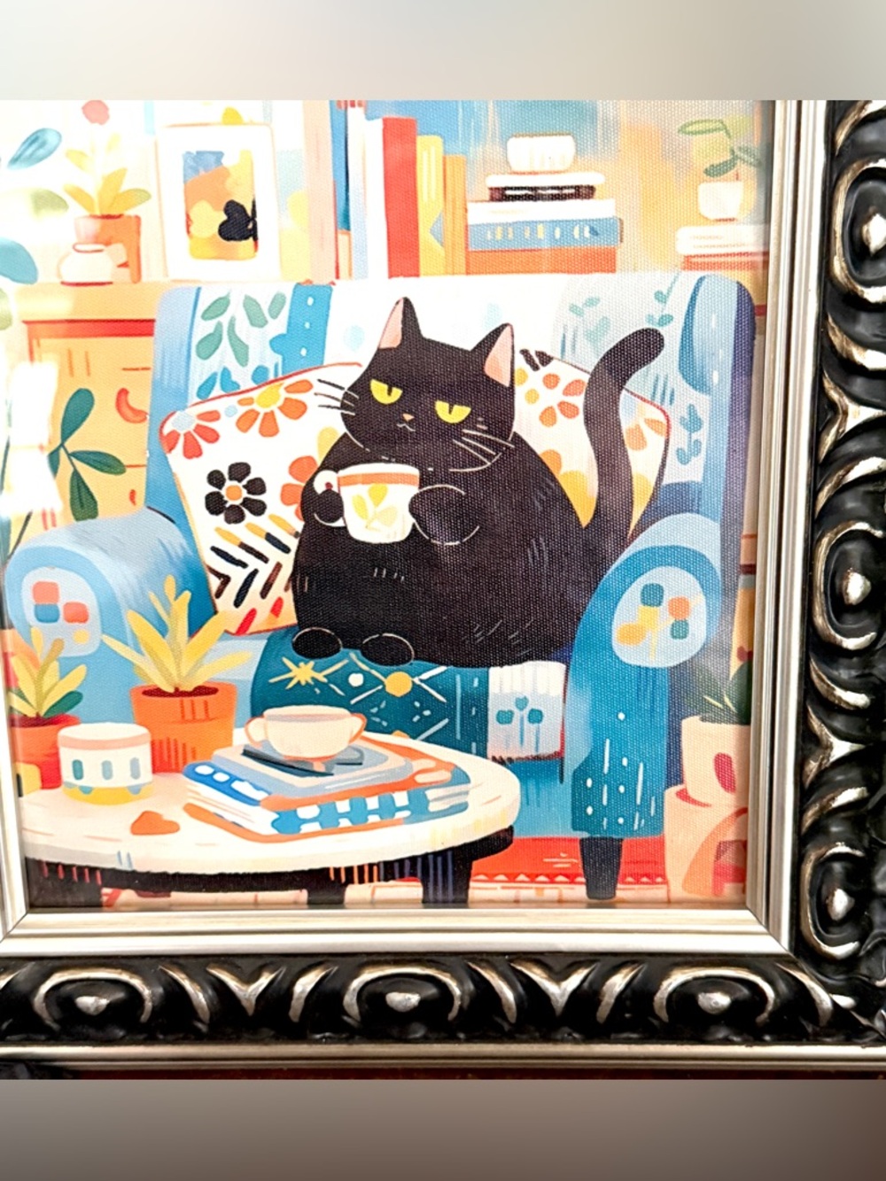Cozy Black Cat Bookshelf Reading Books Coffee Floral Canvas Art Print Framed Art - Picture 3 of 10